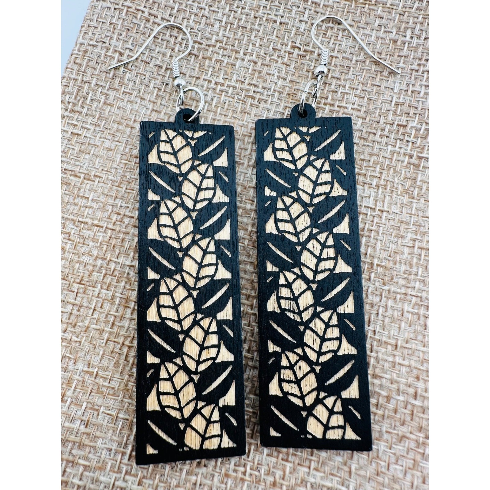 Carved Leaves On Black Stained Wood Bar Earrings